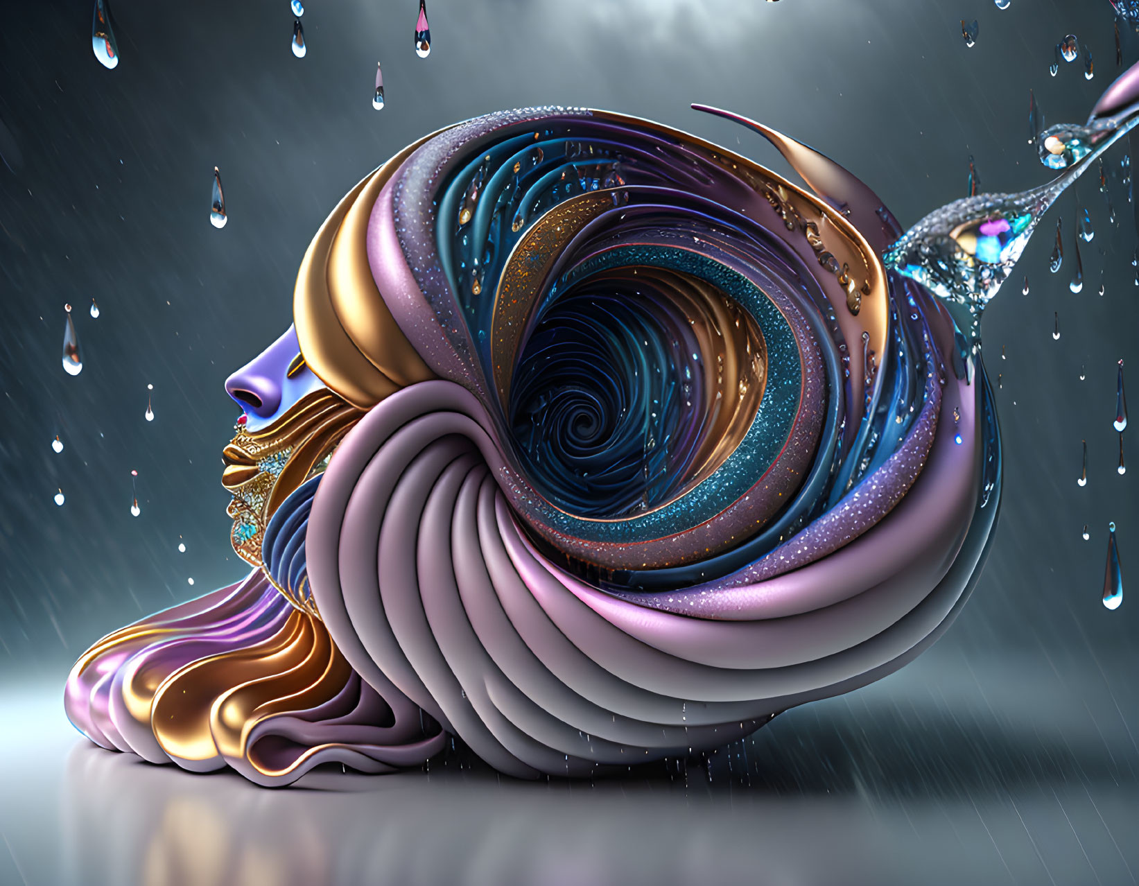 Surreal spiraling metallic structure with human face in rainy scene