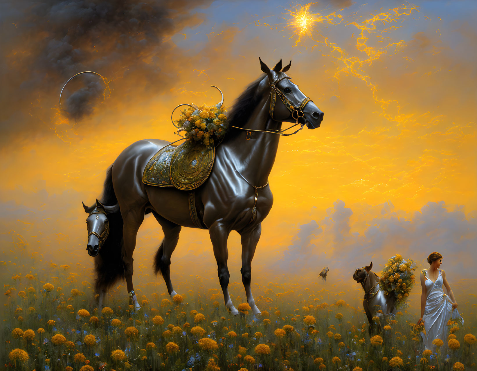 Dark horse with floral decorations in field of yellow flowers under orange sky.