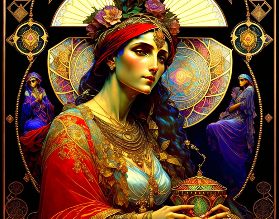 Colorful Artwork: Regal Woman with Red Headpiece and Intricate Golden Patterns