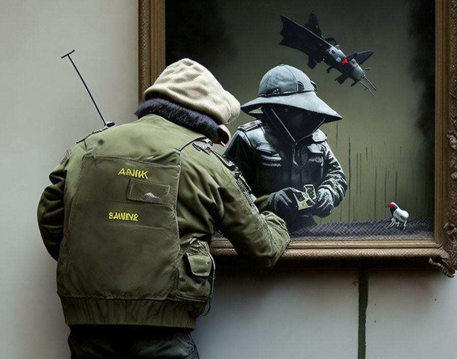 Military personnel viewing painting of jet, soldier, and bird.