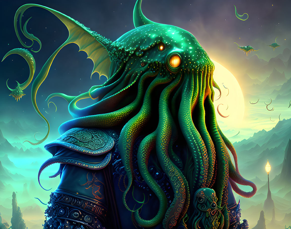 Fantastical octopus-like creature in mystical mountain landscape