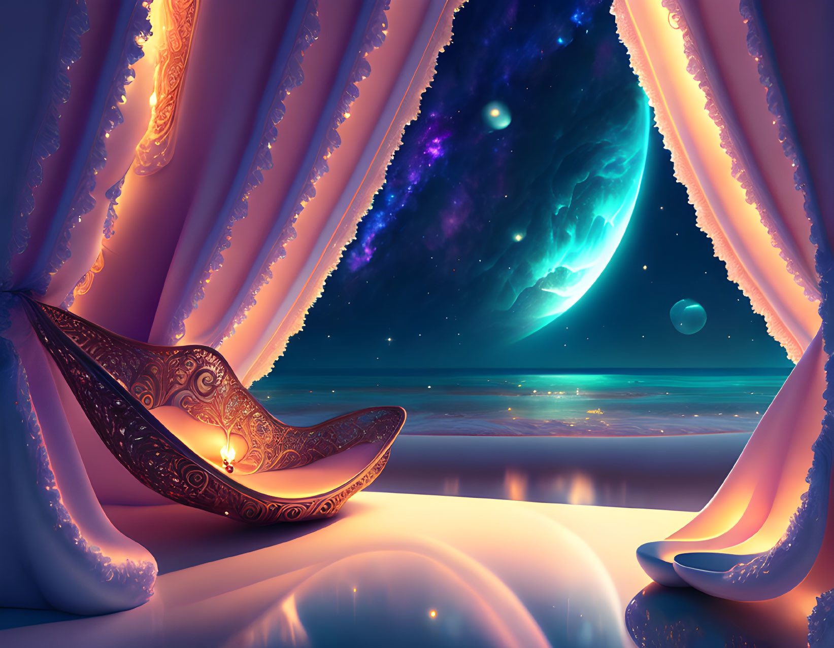 Fantasy room with cosmic ocean view and celestial sky.