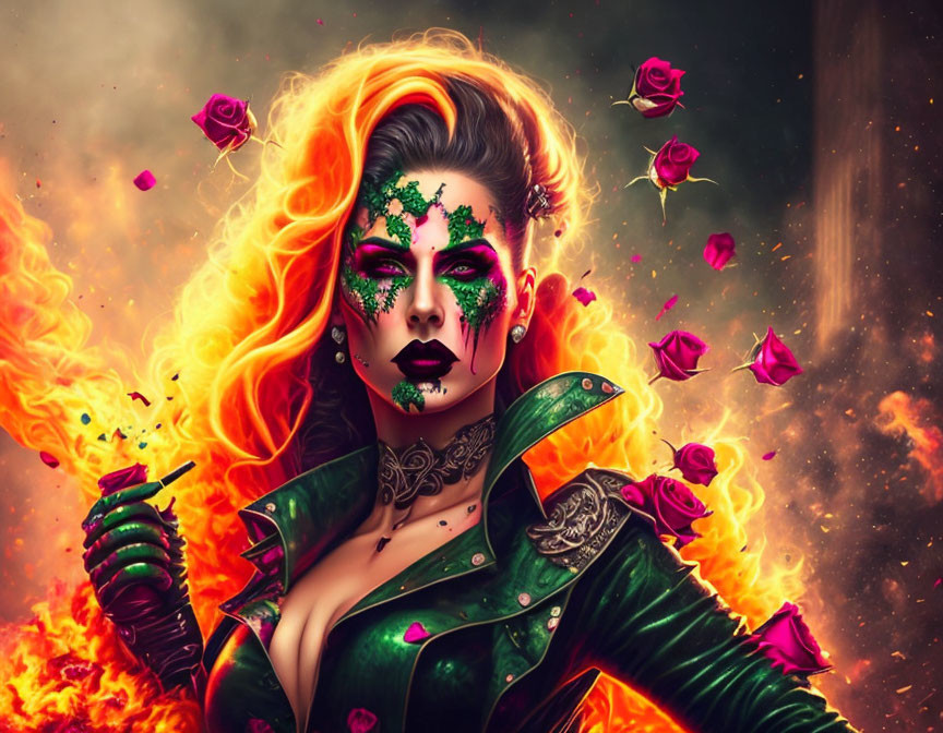 Fantasy illustration of woman with fiery orange hair, green-and-red makeup, surrounded by flames and red