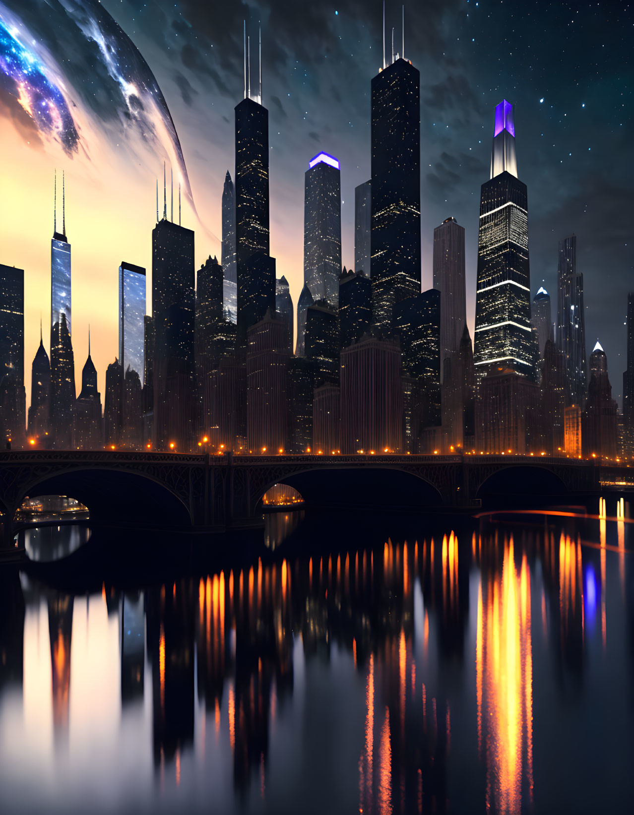 Brightly lit skyscrapers reflected in tranquil river under starry sky