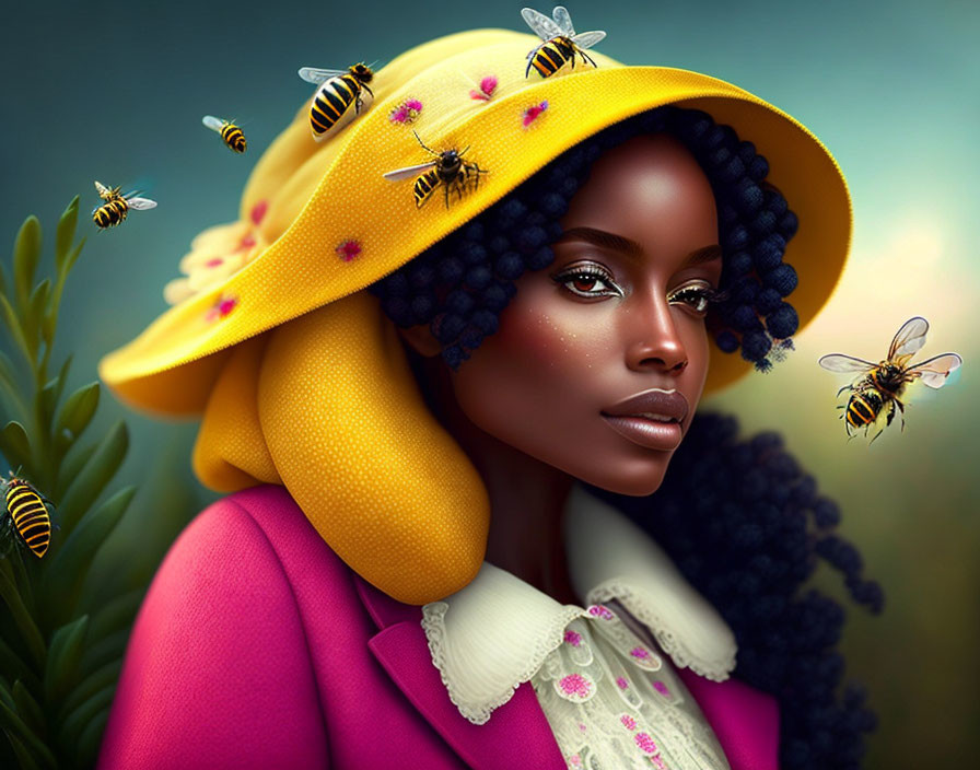 Digital artwork: Woman in yellow bee and blackberry hat, pink coat, lacy collar, botanical