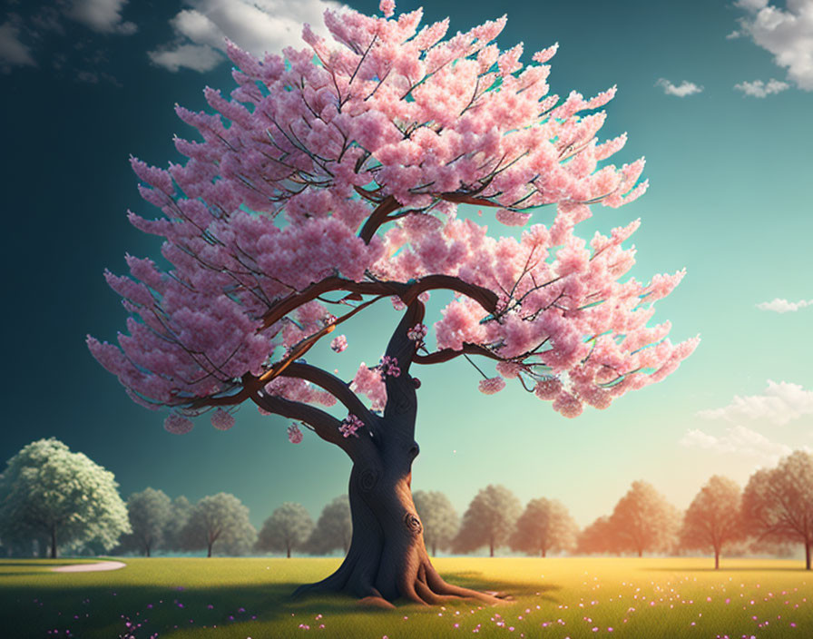 Blooming cherry blossom tree under clear blue sky