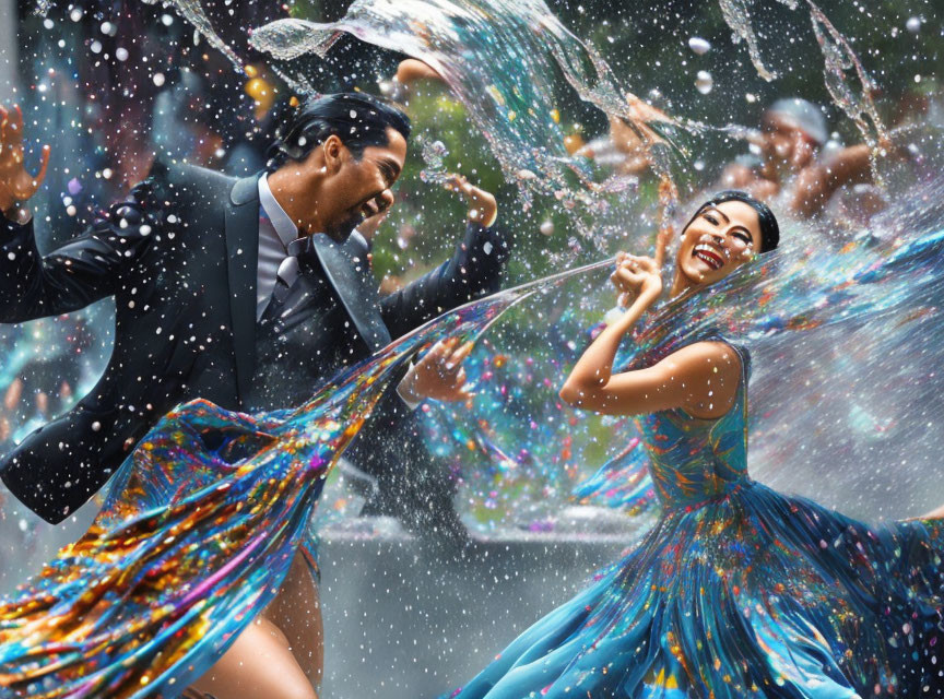 Couple splashing water in blue dress and suit amid water droplets