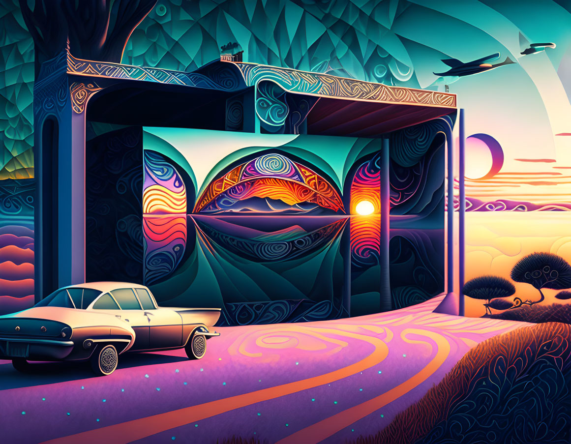 Vibrant digital artwork of classic car on swirling path to surreal portal