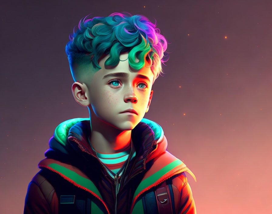 Vibrant boy illustration with blue-green curly hair and neon accents