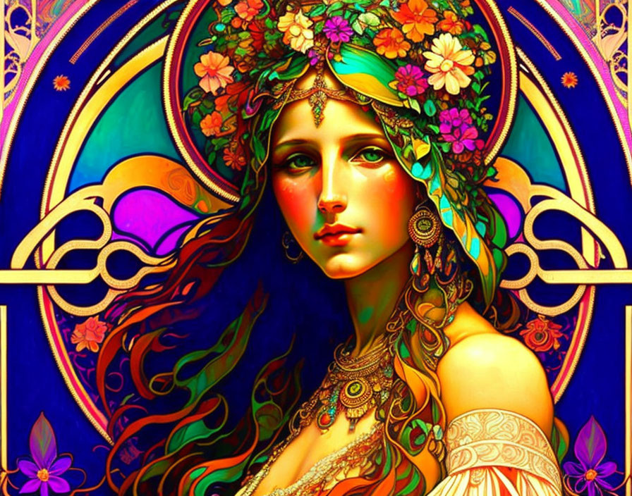 Colorful Art Nouveau style portrait of woman with floral crown and intricate jewelry