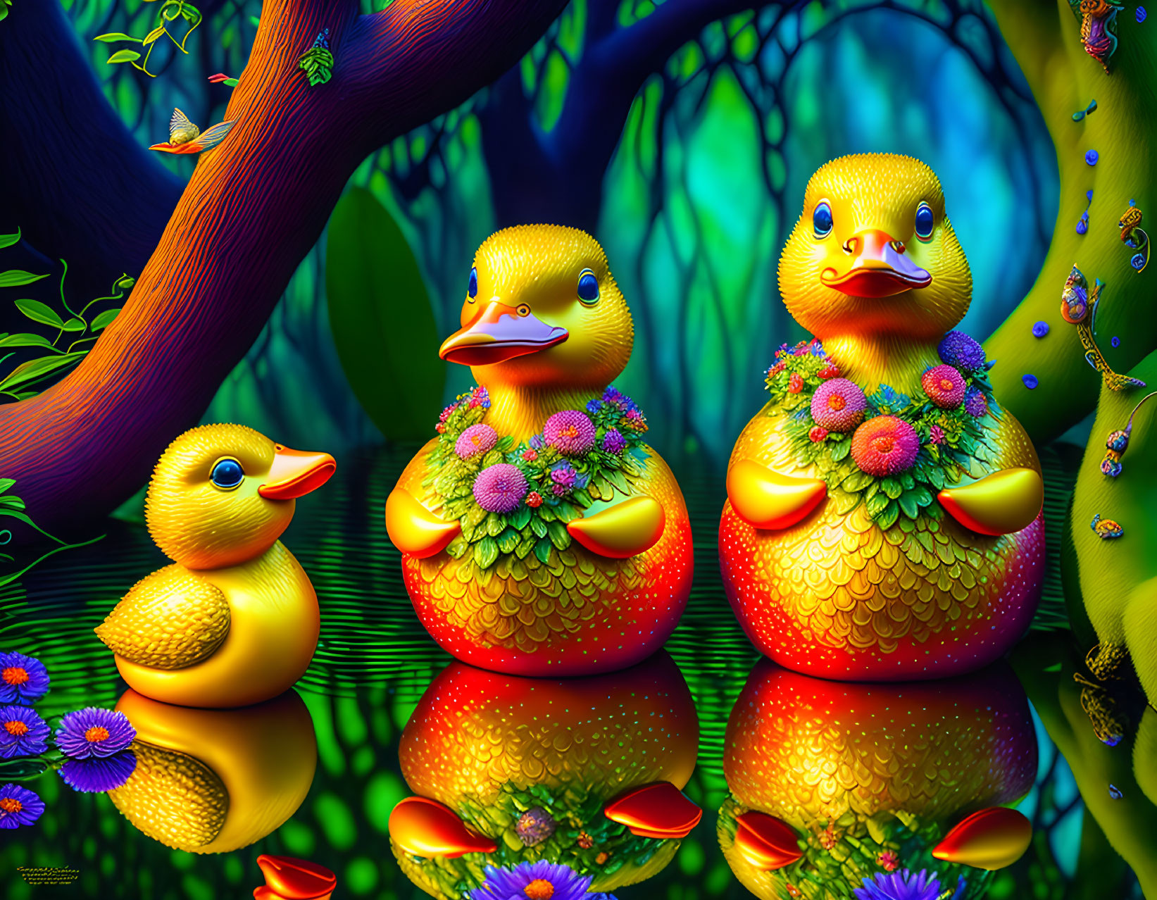 Colorful Rubber Ducks with Flowers in Forest Setting