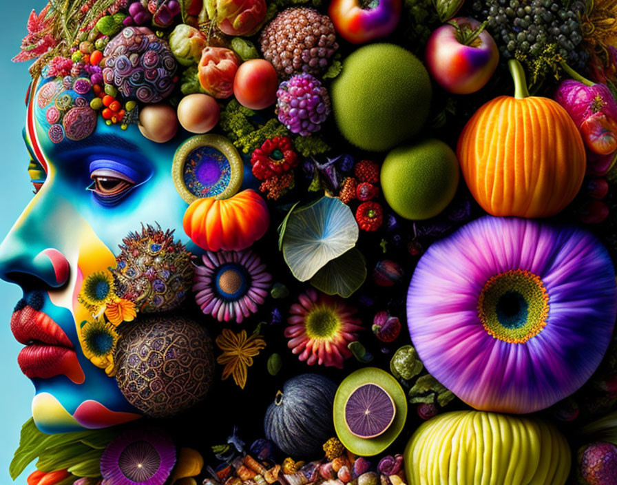 Colorful Collage of Fruits, Vegetables, and Flowers Forming Human Face