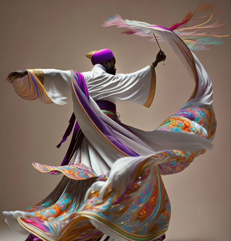 Vibrantly dressed dancer with purple turban wields feathered staff