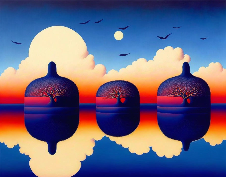 Stylized trees with mirror reflections at sunset, clouds, birds, and full moon