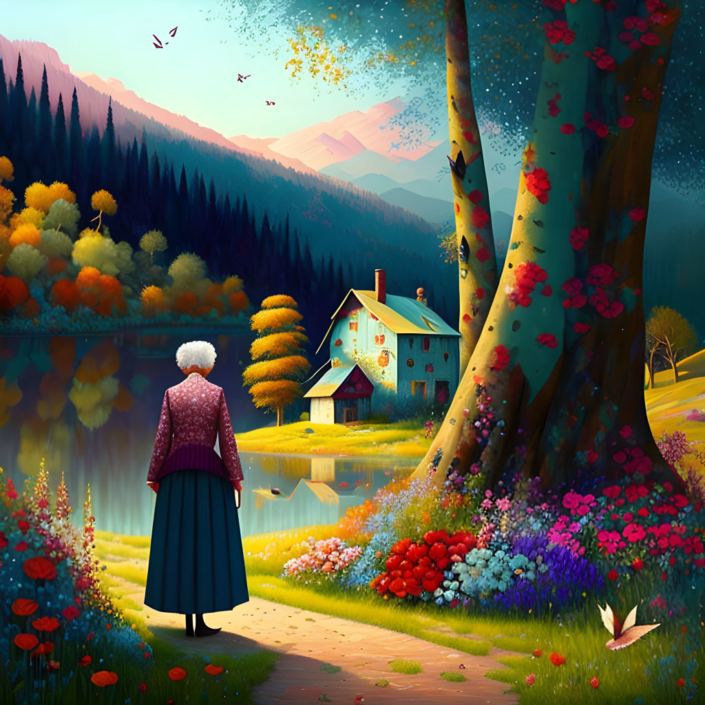 Elderly woman admiring lakeside cottage in serene sunset scene