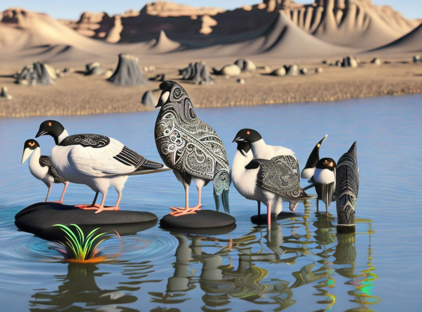 Stylized bird illustrations on stones in serene water setting with desert mountains.