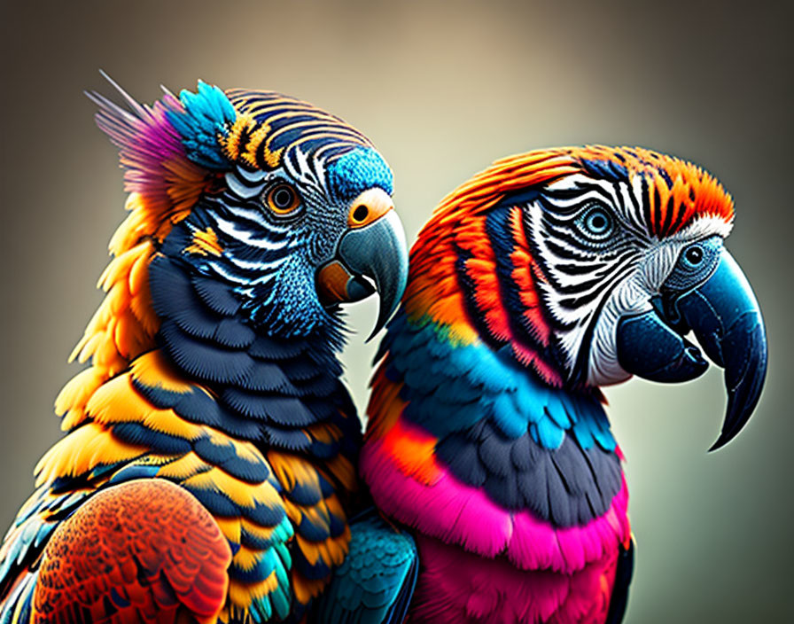 Vibrant Blue, Yellow, and Orange Macaws Close-Up on Blurred Background