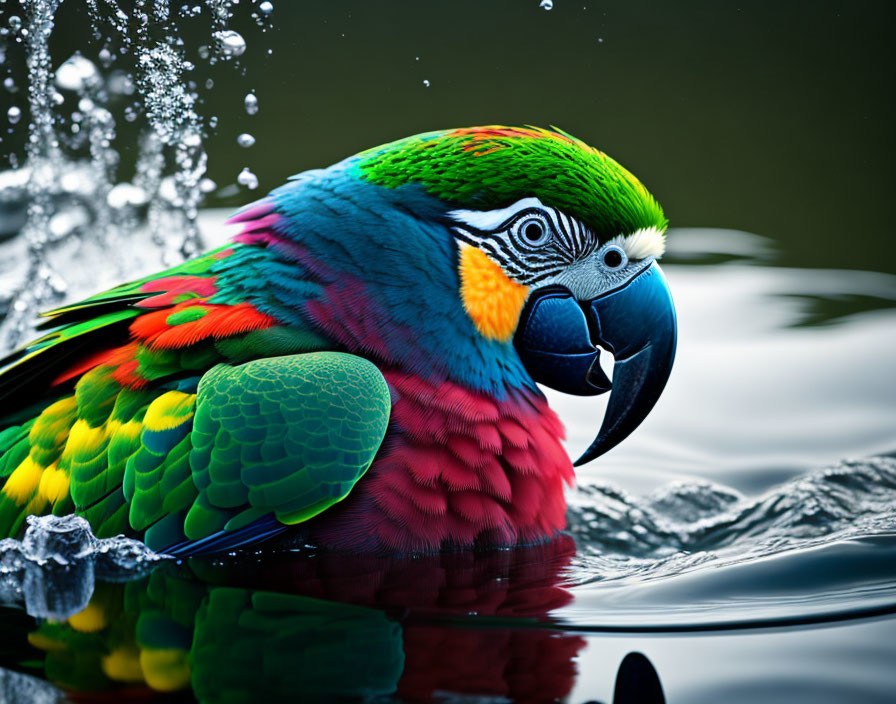 Colorful Parrot Splashing in Water with Vibrant Feathers