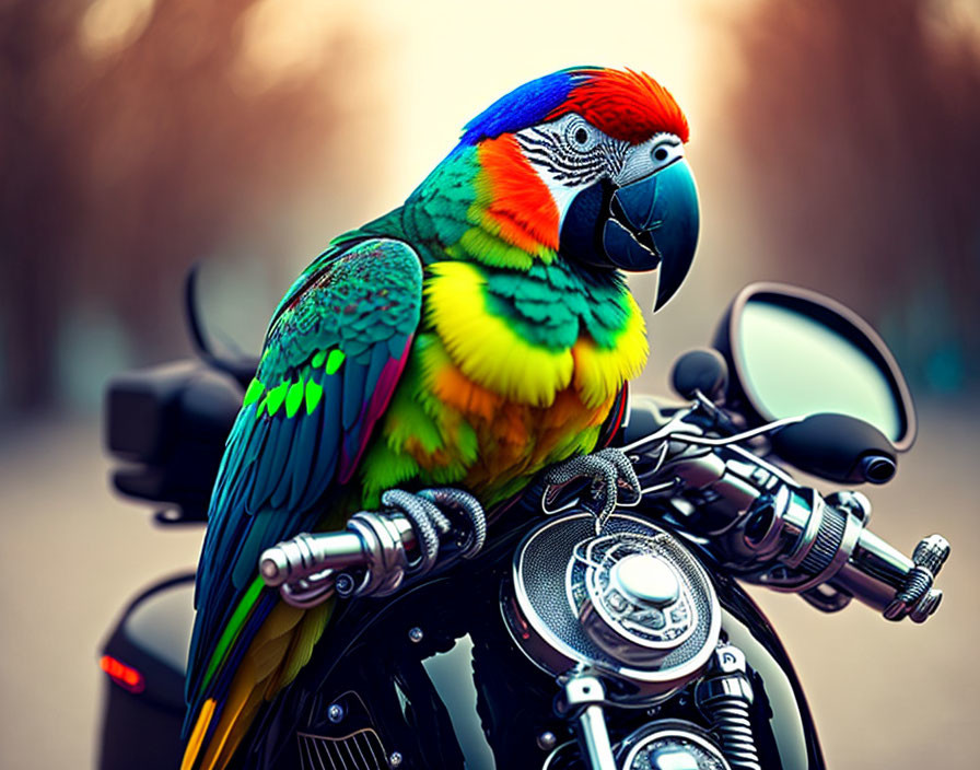 Vibrant parrot perched on motorcycle handlebar with outdoor background