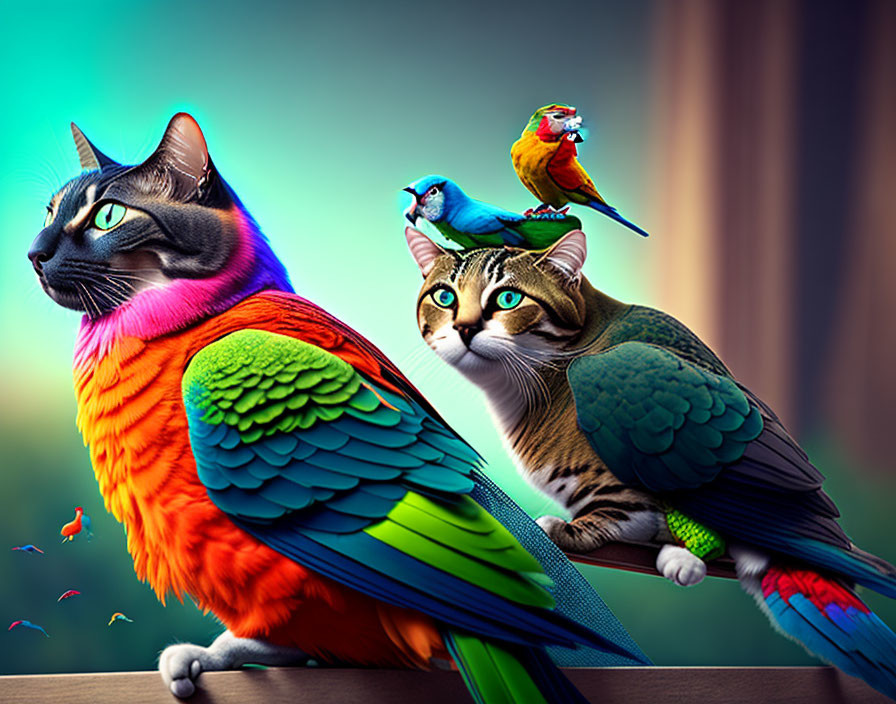 Colorful Digital Artwork: Cats and Parrots Merge in Surreal Fusion