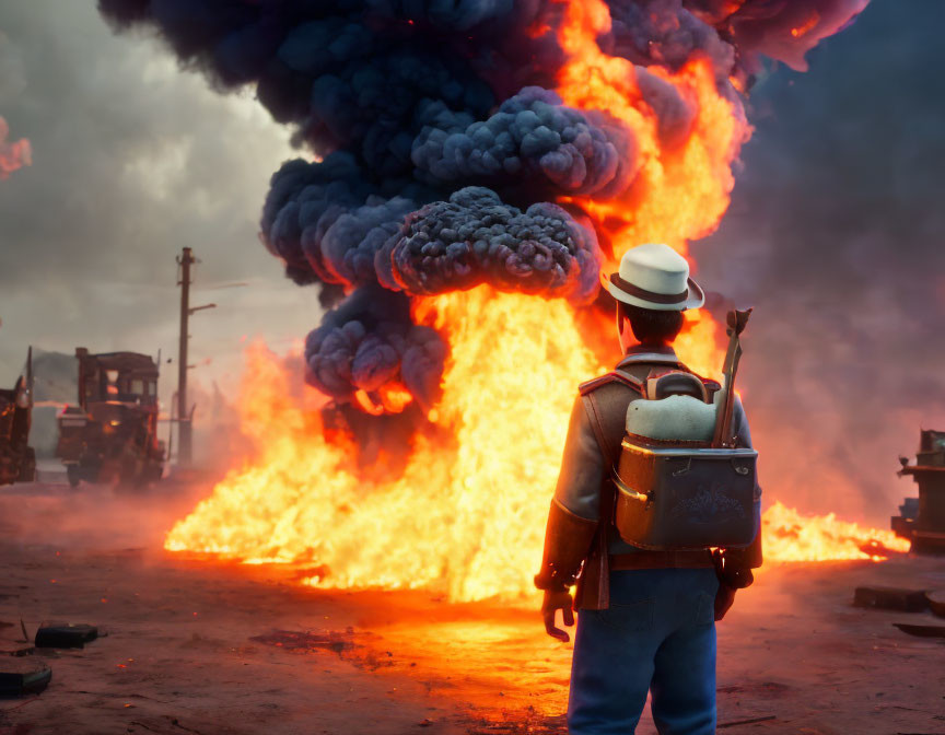 Person in hat and backpack views massive fire under ominous sky