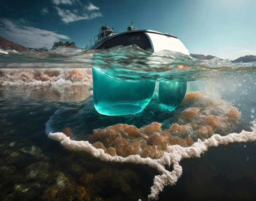 Semi-Submerged Boat in Clear Waters Surrounded by Rocky Terrain