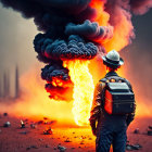 Person in hat and backpack views massive fire under ominous sky