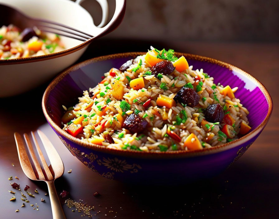 Vibrant rice pilaf with fruit, raisins, herbs, and spices on dark wooden table