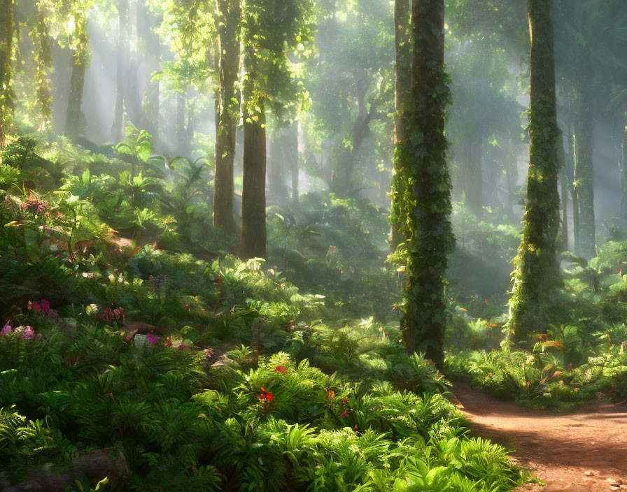 Tranquil forest scene with sunlight filtering through tall trees