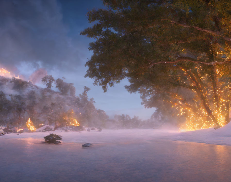 Winter Dusk Landscape with Twinkling Lights and Snow-covered Ground