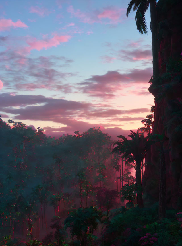 Lush jungle with towering trees and hanging vines under a purple and pink sky