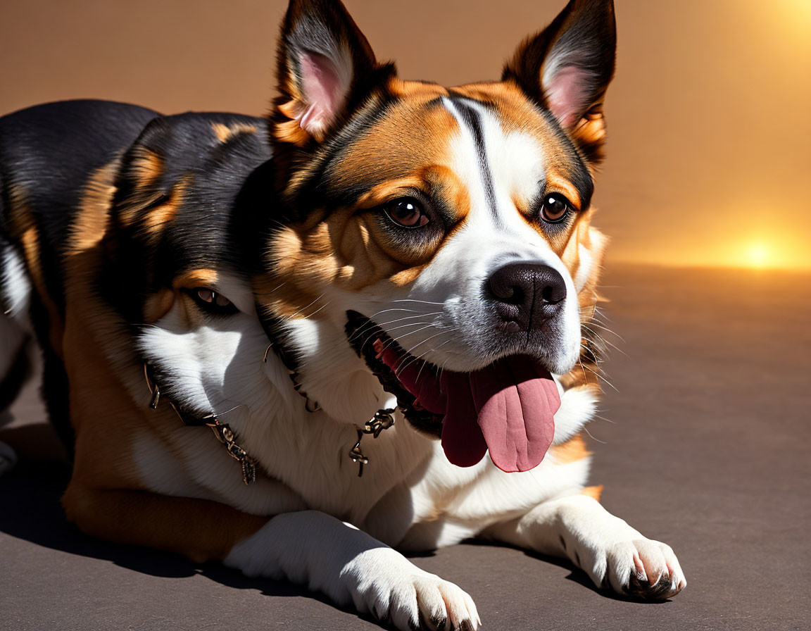 Tricolor dog with chain collar resting on warm-hued background