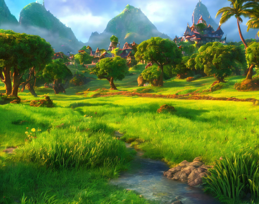 Scenic village with green meadows, stream, hills, and sunny sky