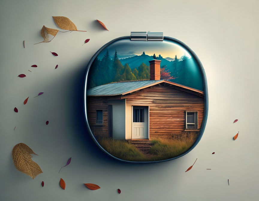 Compact Mirror: Wooden Cabin in Mountain Forest with Autumn Leaves