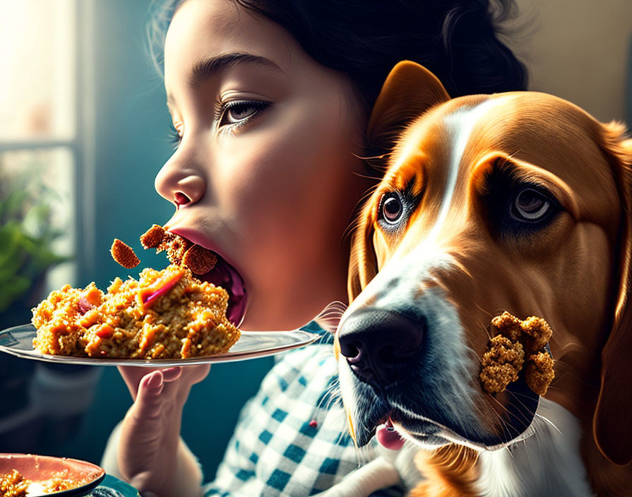 Young girl and beagle dog ready to eat food together.