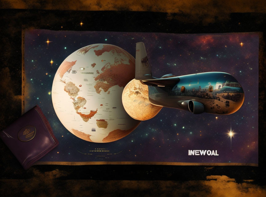 Futuristic spaceship above world map with passport on galaxy backdrop