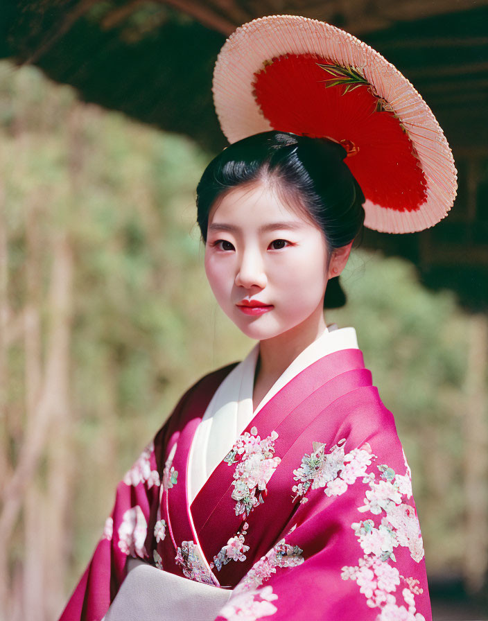 Traditional Japanese woman in red and white kimono and wide-brimmed hat outdoors