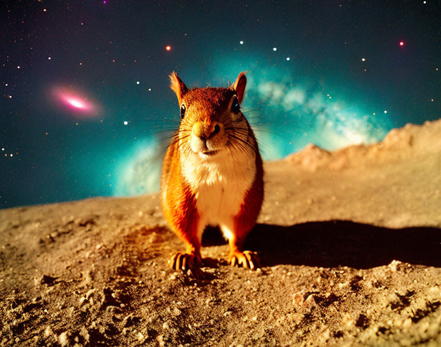 Squirrel on rocky terrain under night sky with stars and galaxies