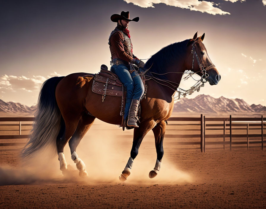 Cowboy on Brown Horse in Dusty Arena with Mountain Background