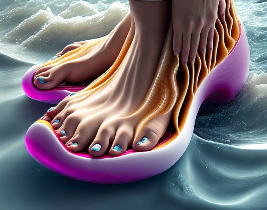 Colorful oversized feet art on curved platforms in water backdrop