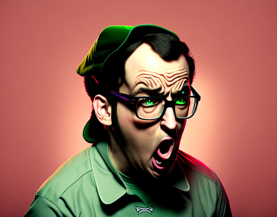 Colorful 3D caricature with green cap and big glasses on pink background