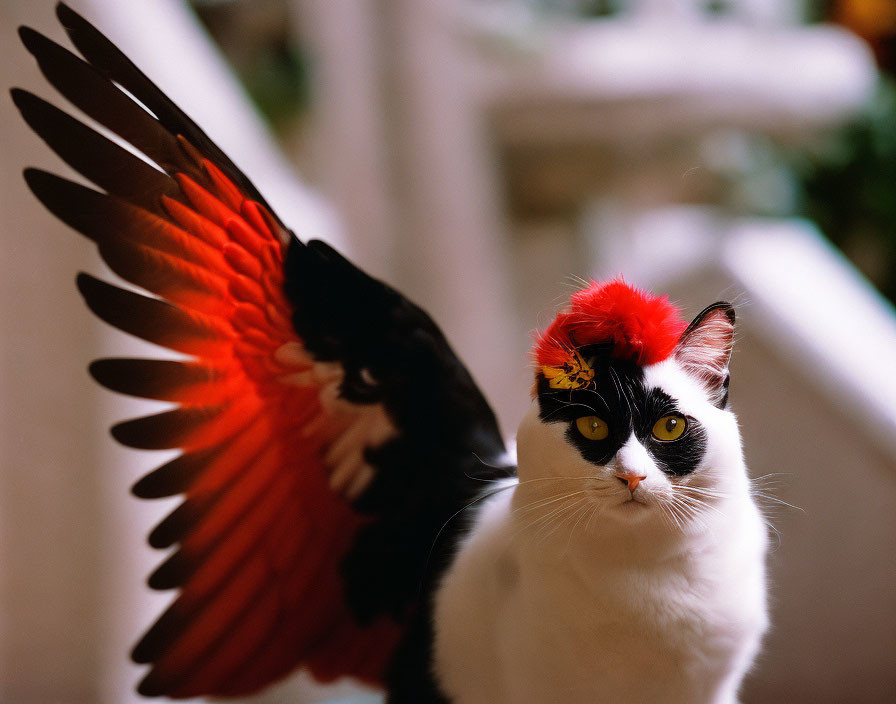 Black and White Cat with Red Feathered Hat Surprised by Blurred Bird