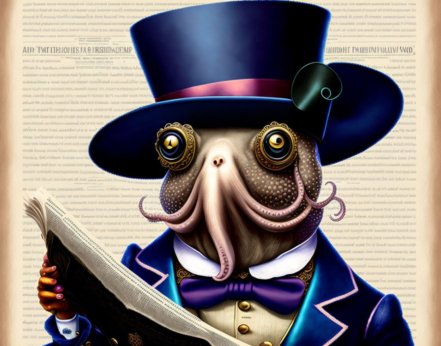 Steampunk-style octopus in top hat and suit reading newspaper