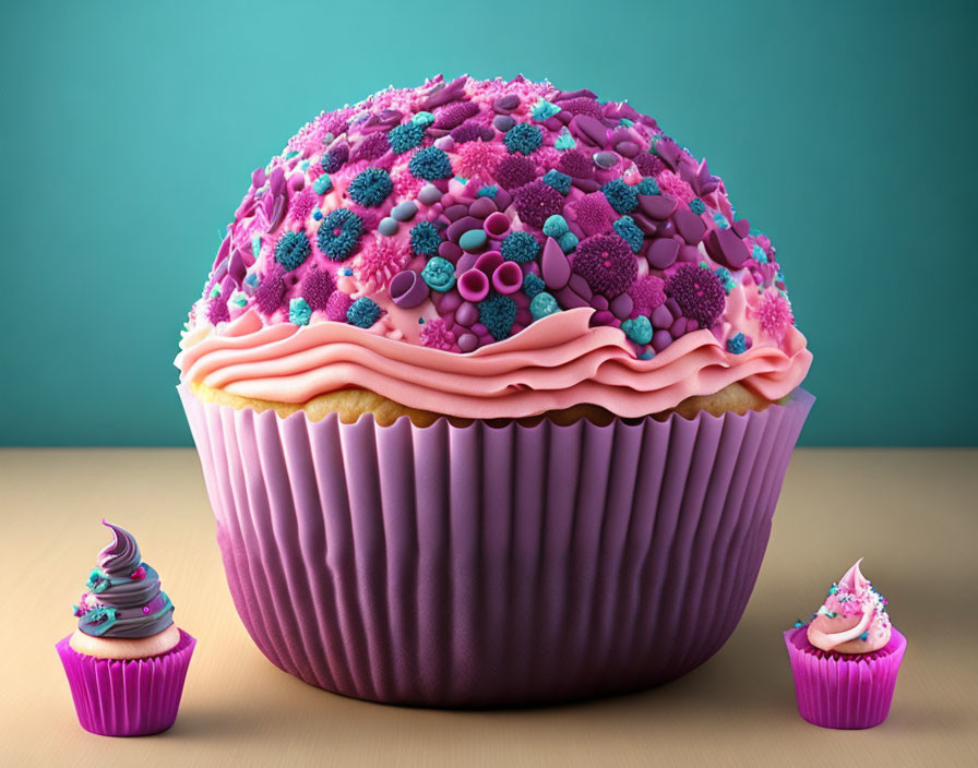 Ornate purple cupcake with pink decor next to smaller cupcakes on teal background