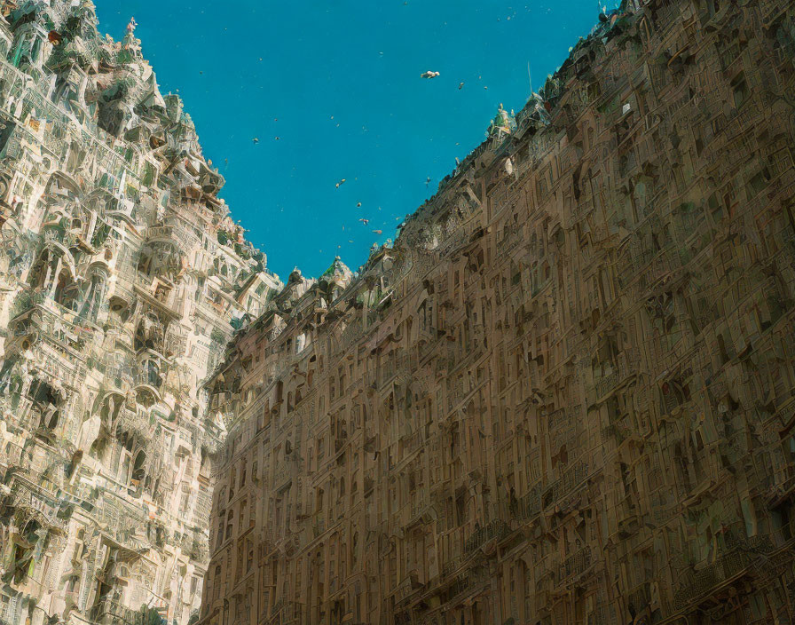 Distorted ornate buildings against clear blue sky with floating debris in surreal cityscape