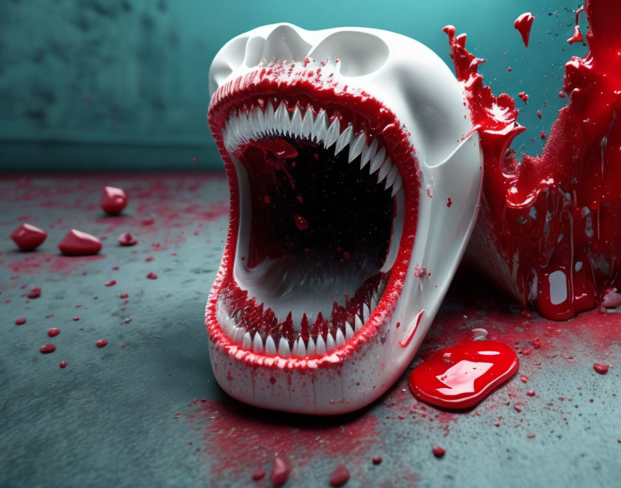 Shark's Open Mouth 3D Rendering with Sharp Teeth in Red Liquid