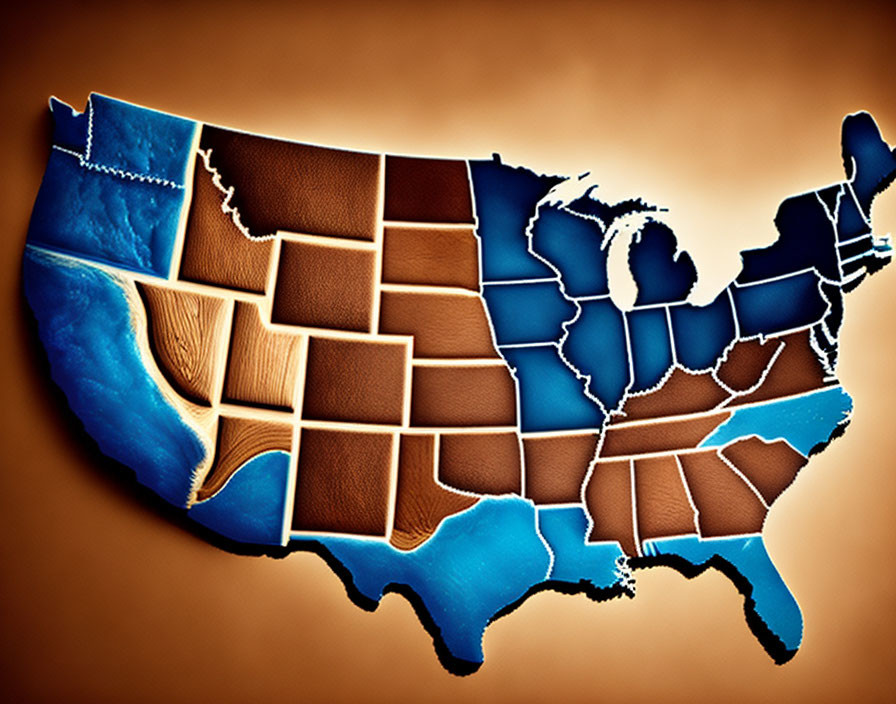 Stylized topographical map of USA with brown states and blue water on orange background