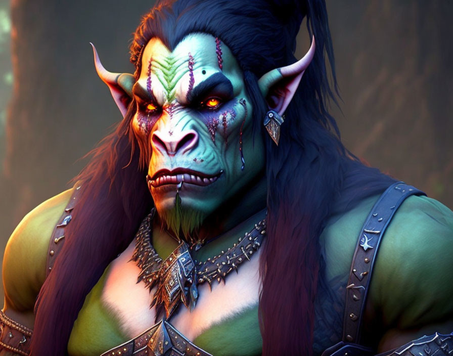 Detailed close-up of animated orc character with green skin, tusks, yellow eyes, and armor