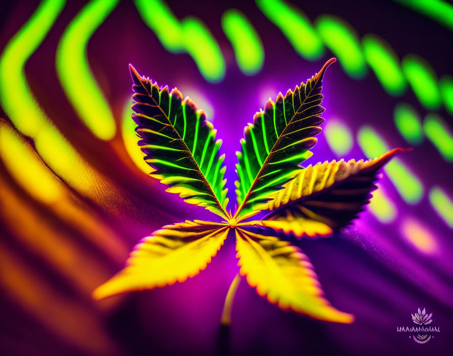 Colorful close-up of cannabis leaf with neon light background.