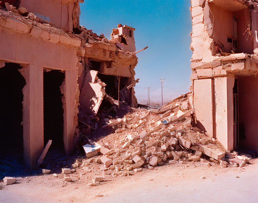 Collapsed Building Debris Scattered Under Clear Blue Sky